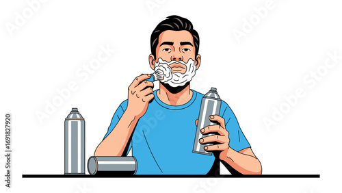 Young man with dark hair and beard applying shaving cream to his face with a brush and holding a can of shaving foam