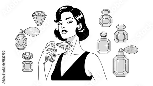 Elegant vintage woman spraying perfume on her neck surrounded by ornate perfume bottles and sparkling diamond rings in a classic black and white illustration