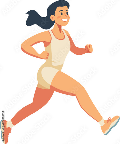 Energetic woman running outdoors during daylight in a vibrant athletic outfit isolated on transparent background. Vector illustration.