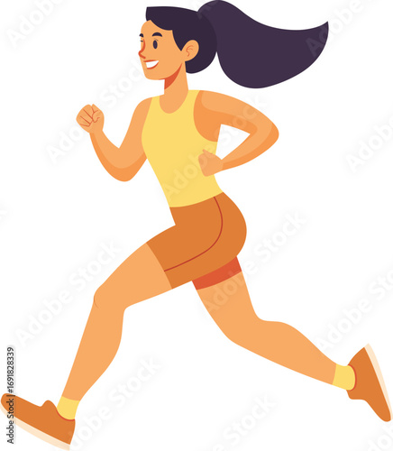 Woman running in a park during daylight, showcasing fitness and vitality isolated on transparent background. Vector illustration.