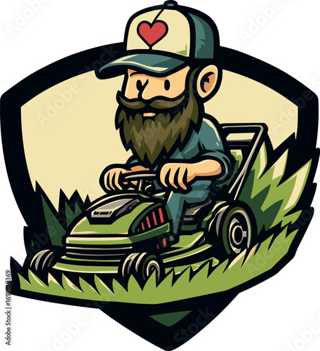 Bearded man using a lawn mower in a backyard isolated on transparent background. Vector illustration.