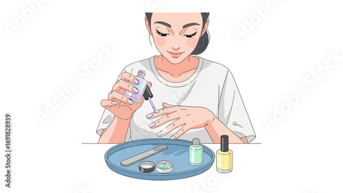 Young woman carefully applying cuticle oil and nail polish remover to her fingernails with a cotton pad and bottle on a blue tray
