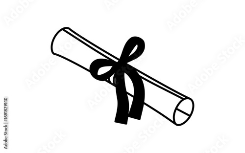 Graduation certificate illustration with ribbon tied around diploma scroll, black and white