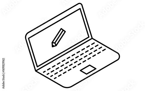 Online learning laptop with pencil screen isometric simple line icon, black and white