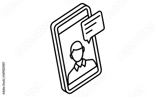 Online learning smartphone with male speech bubble video call isometric simple line icon, black and white
