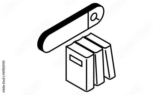 Online learning search bar with book isometric simple line icon, black and white
