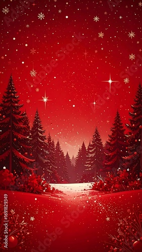 Red winter forest scene, snowy path