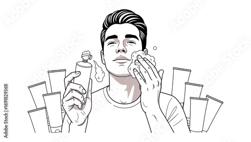 Man applying shaving cream with a brush to his face surrounded by various cosmetic product tubes and bottles in a sketch style
