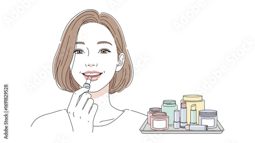 Close up sketch of a young woman applying lipstick with a small tray of colorful cosmetic bottles and jars beside her