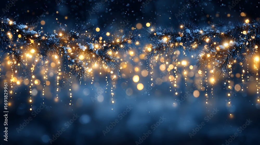 Fototapeta premium Twinkling Christmas garland on deep blue — shimmering bokeh lights, festive winter holiday decoration, sparkling fairy string illumination, elegant background with copy space