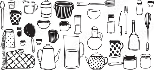 Kitchen Utensils Vector Set – Cooking, Food, Tools, Cup, Teapot, Pan, Pot, Mug, Spoon, Minimal, Outline, Black, Flat, Art, Creative, Illustration, Collection, Icon, Symbol