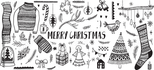 Wallpaper Mural Christmas Decoration Doodle Vector – Holiday, Celebration, Winter, Gift, Ornament, Bell, Tree, Snow, Star, Seasonal, Festive, Black, Outline, Flat, Art, Creative, Illustration, Collection Torontodigital.ca