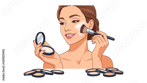 Young woman applying foundation powder with a makeup brush to her face holding a compact mirror and surrounded by makeup products