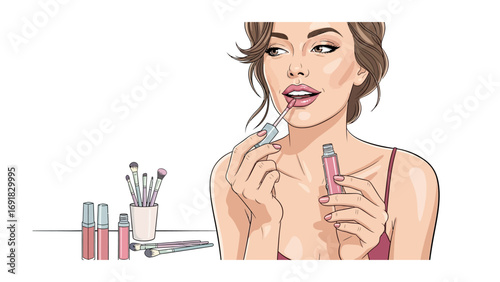 Young woman applying pink lip gloss with a brush preparing for a night out with makeup brushes and products in the background