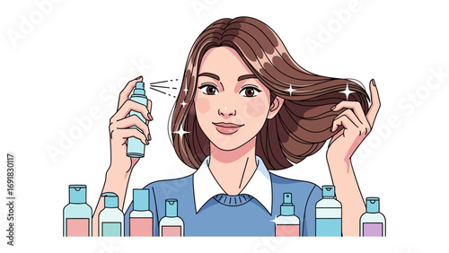 Young woman applying hair spray to her shiny brown hair with a collection of beauty product bottles arranged in front of her