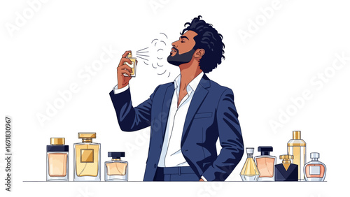 Stylish black man in a suit spritzing perfume with a collection of elegant fragrance bottles arranged on a table