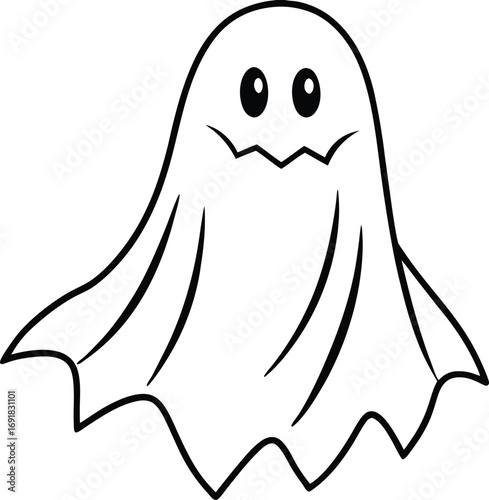 Halloween vector art of a cute ghost, with a jagged mouth and round eyes, floating mysteriously as a halloween icon, perfect for coloring books and festive designs
