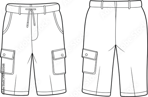 Men's cargo shorts fashion flat sketch, drawstring waistband technical drawing, utility pocket shorts design template, casual wear vector illustration