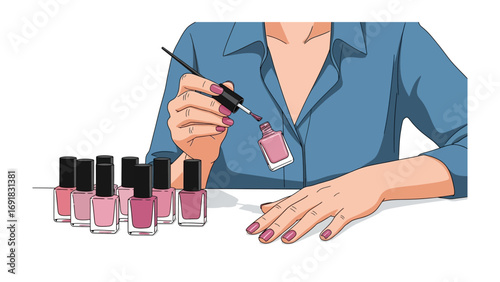 Close up of a woman s hands applying pink nail polish with a brush from a collection of colorful bottles on a white surface
