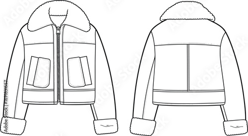 Shearling aviator jacket fashion flat sketch, women's winter outerwear technical drawing, cropped coat design template, vector apparel illustration