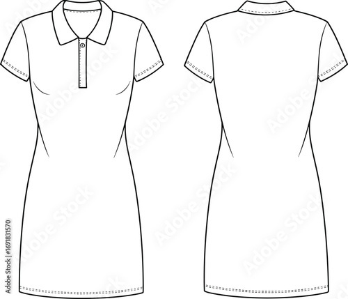 Women's polo dress fashion flat sketch, short sleeve dress technical drawing, casual wear garment design template, vector apparel illustration