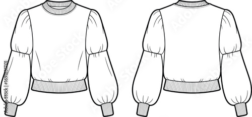 Trendy puff sleeve sweatshirt fashion flat sketch, long sleeve blouse technical drawing, stylish women's apparel CAD design illustration