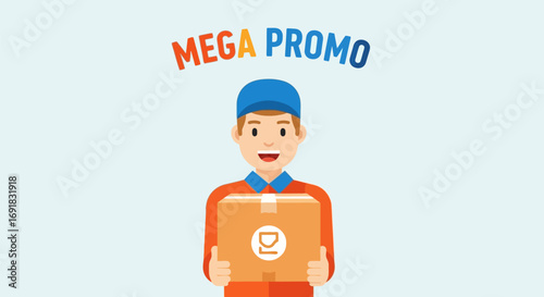 Cartoon Delivery Man Holding a Package for Mega Promo