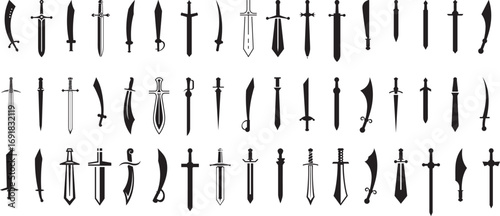 Sword Vector Set – Weapon, Blade, Medieval, Knight, Fight, Warrior, Steel, Battle, Sharp, Antique, Historic, Black, Outline, Minimal, Flat, Art, Design, Illustration, Icon