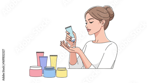 Young woman holding a skincare product bottle with various cosmetic jars and bottles in the foreground illustrating beauty and self care