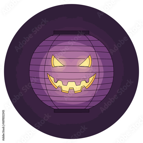 A glowing purple jack-o'-lantern lantern with a carved spooky face, illuminated from within, set against a dark circular background, evoking a Halloween atmosphere.