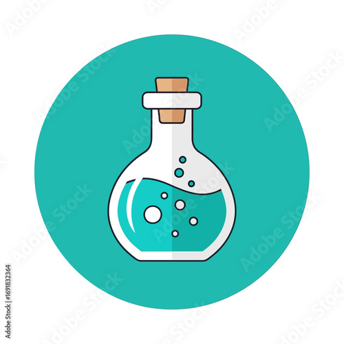 Illustration of a round bottom flask containing a blue liquid with bubbles, sealed with a cork, against a teal circle background.