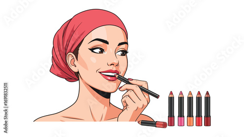 Retro pop art illustration of a smiling woman wearing a pink headscarf applying lipstick with a makeup pencil and a set of lip liners