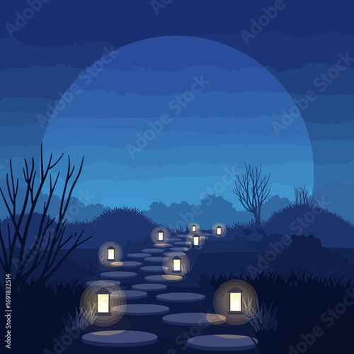 A tranquil nighttime garden path illuminated by glowing lanterns, winding through dark, silhouetted bushes and trees under a large, hazy moon.