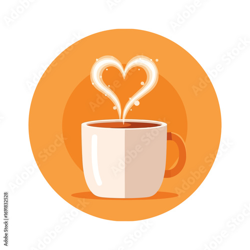 A steaming cup of coffee with a heart-shaped vapor rising above.