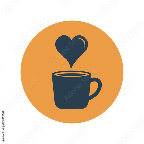 A dark blue coffee cup with a heart shape rising above it, set against a circular orange background.