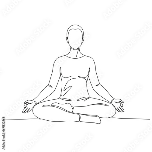 Continuous Line Meditation Illustration – Minimalist Monochrome Drawing of Person Seated in Cross-Legged Pose