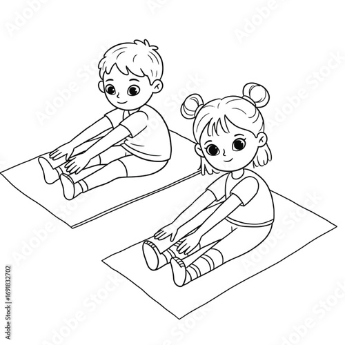 Children Stretching Cartoon Illustration – Black and White Line Art of Boy and Girl Exercising on Mat
