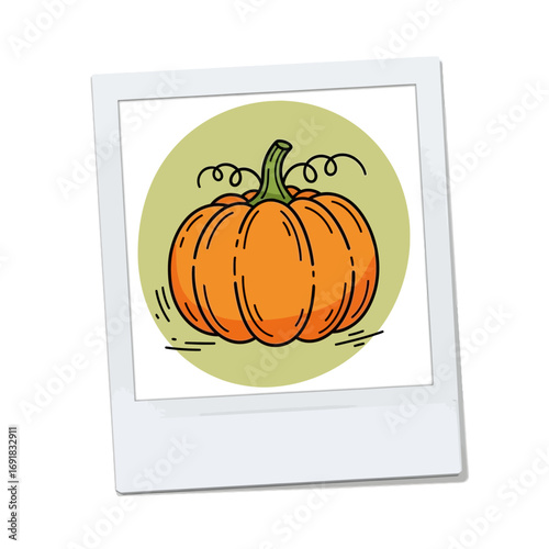 Outlined illustration of a pumpkin in a vintage polaroid frame.