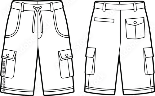 Men’s Cargo Shorts Flat Sketch with Multiple Pockets, Casual Utility Design Template, Fashion Technical Drawing for Outdoor Streetwear