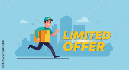 Running Delivery Man with Box for Limited Offer Promotion
