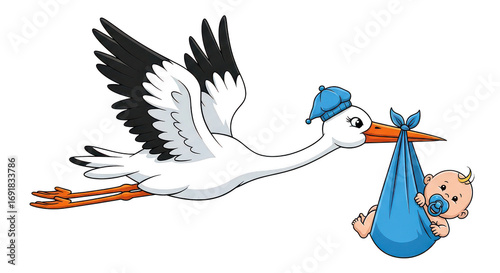 Stork Delivering Baby Cartoon Illustration