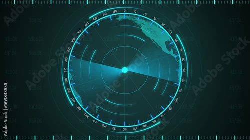 Futuristic radar animation teal blue seamless loop hud sci fi interface detection system tracking graphics. Teal blue radar screen animation futuristic hud digital display rotating scan.