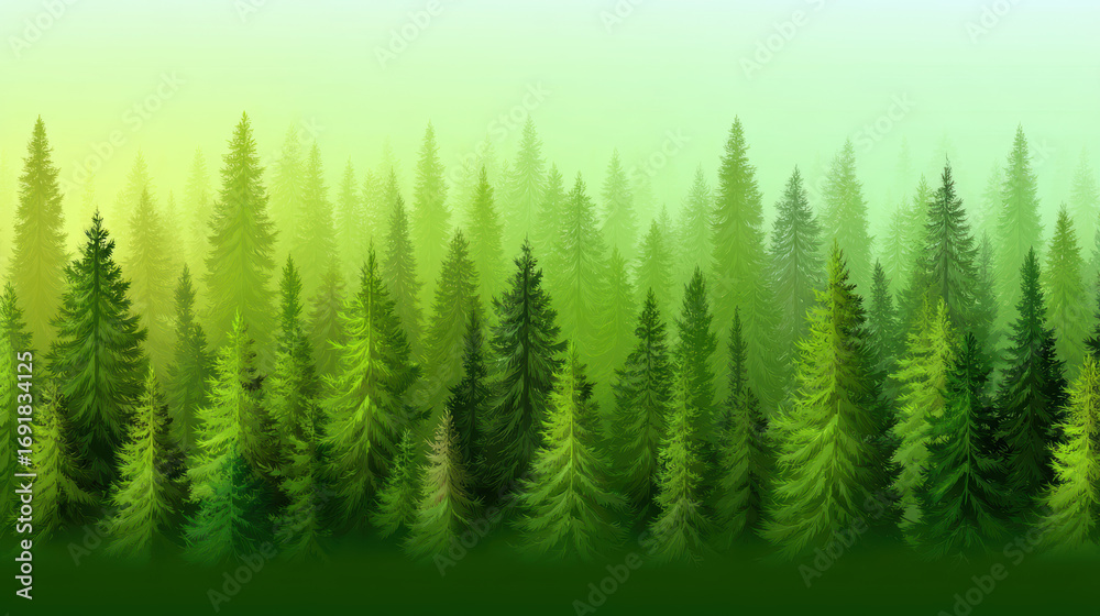 Obraz premium Lush green forest landscape with tall trees, creating serene and tranquil atmosphere. soft gradient of colors enhances peaceful vibe