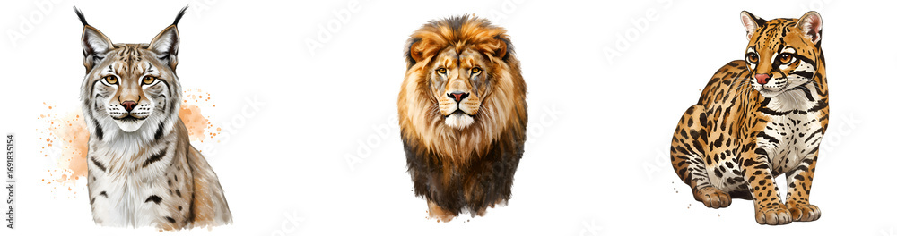 Fototapeta premium Majestic lion, lynx, and ocelot portraits showcase wild animal beauty in stunning detail with transparent background