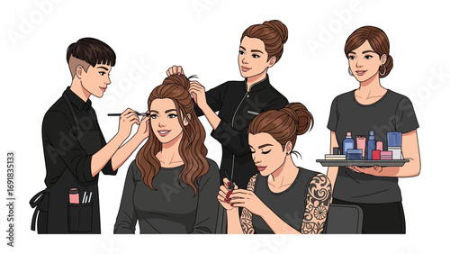 Diverse group of professional hairstylists and makeup artists working together applying makeup and styling hair on clients in a salon setting