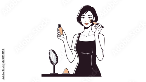 Elegant young woman applying facial serum from a dropper bottle to her cheek with a gentle touch preparing for a special occasion
