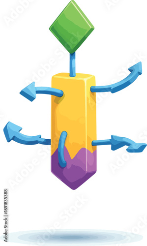 Cartoon Block Character with Arrows Representing Transformation