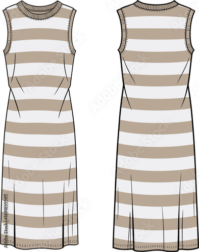 Striped sleeveless midi dress fashion flat, front and back view, casual summer dress vector, apparel template, technical garment sketch