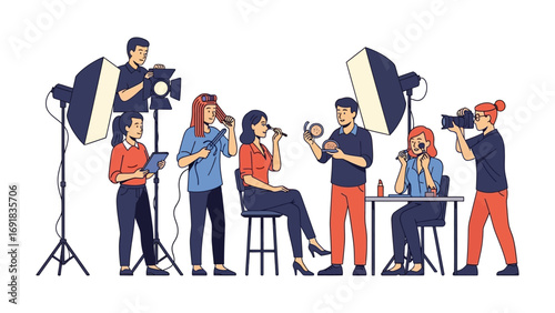 Professional photography studio setup with diverse team of artists and models creating content with lighting equipment and cameras for fashion shoots