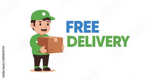 Cartoon Delivery Man Holding a Cardboard Box with Free Delivery Text